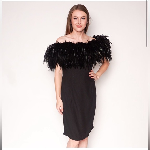 VINTAGE Dave & Johnny Black Feather Sheath Dress 8 - Picture 2 of 7